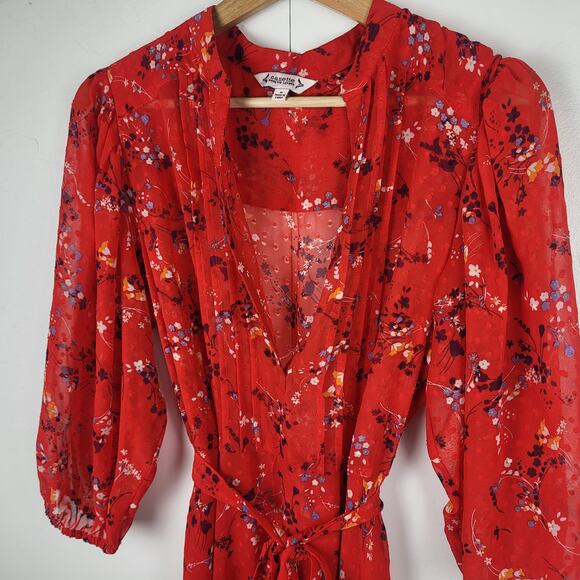 Nanette Lepore Pleated Floral Red Midi Dress Waist Tie | Medium 8 - Picture 6 of 10